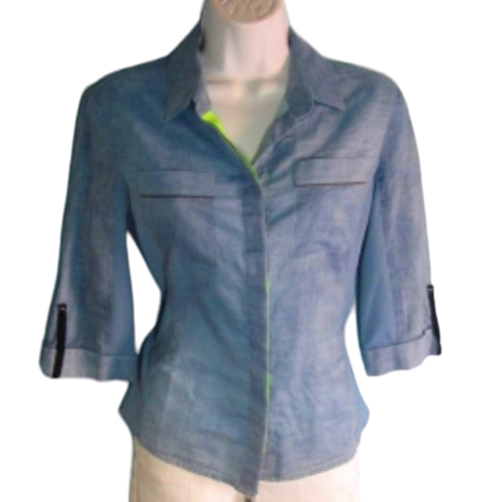 Elie Tahari Signature Collection Blue w Neon Green Ribbonpanel Color Block Shirt